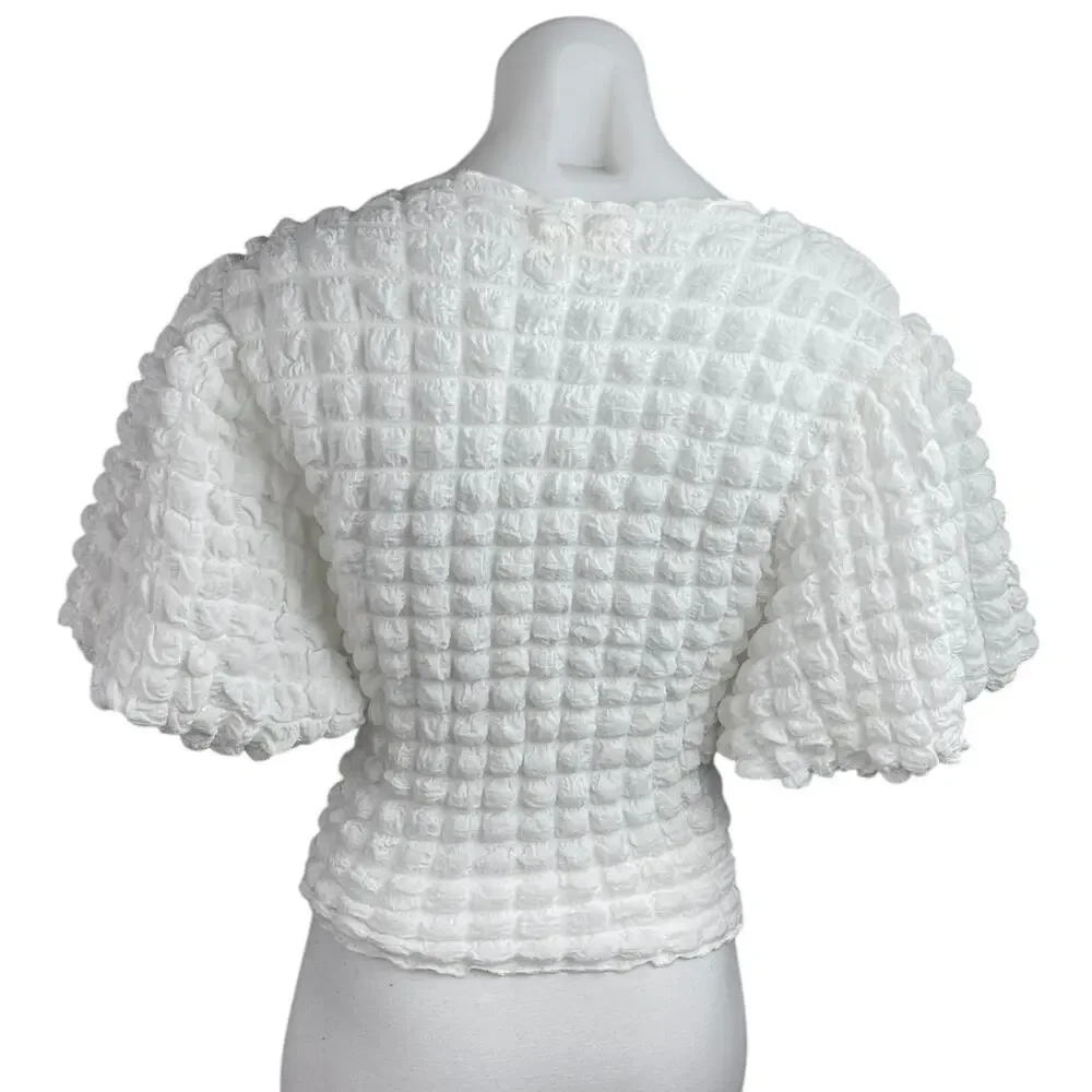 Anthropologie Eri + Ali Women's White Textured Bubble Puff Sleeve Blouse Top XXS